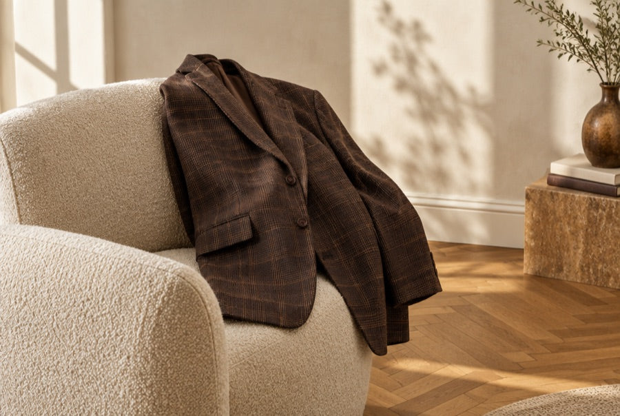 Blazer à carreaux chocolat posé sur un fauteuil clair dans une pièce ensoleillée