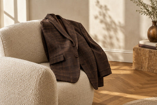 Blazer à carreaux chocolat posé sur un fauteuil clair dans une pièce ensoleillée