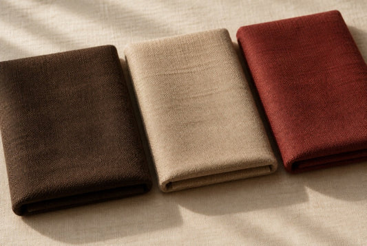 Trois échantillons de tissu brun, beige et cerise alignés sur du lin