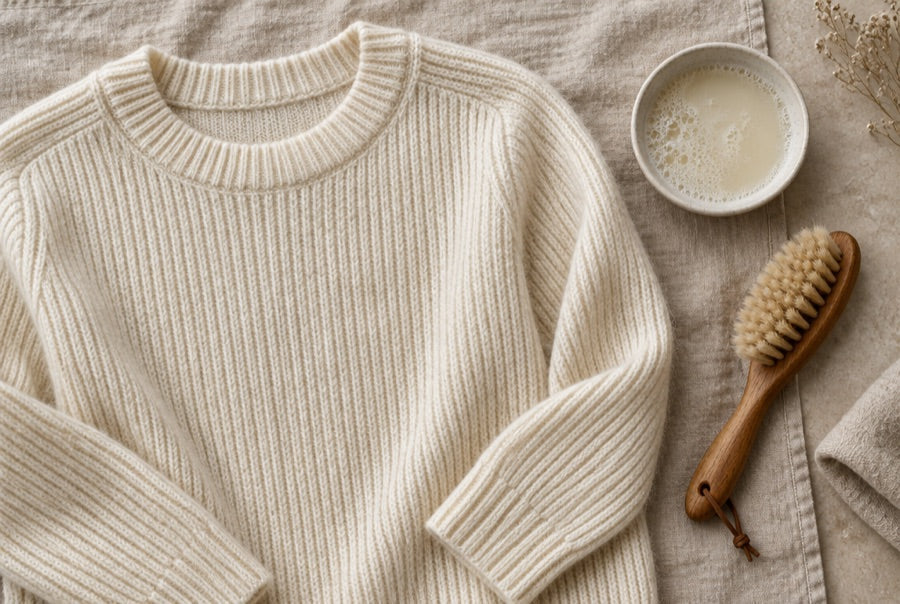 Pull en maille côtelée crème séchant à plat sur une serviette de lin