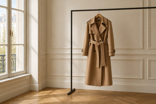 Trench camel suspendu seul à un portant noir devant un mur mouluré